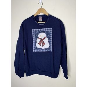Jerzees Sweatshirt Snowman Applique Women Size Large Navy Blue Embroidered